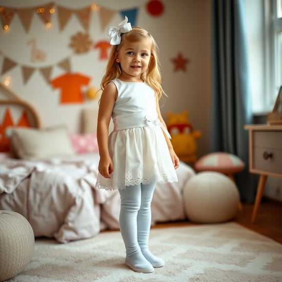 little girl with white stockings with white garter belt standing in kids room