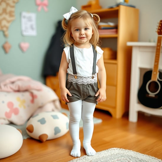 little girl with white stockings with white lace wide suspender belt standing in kids room