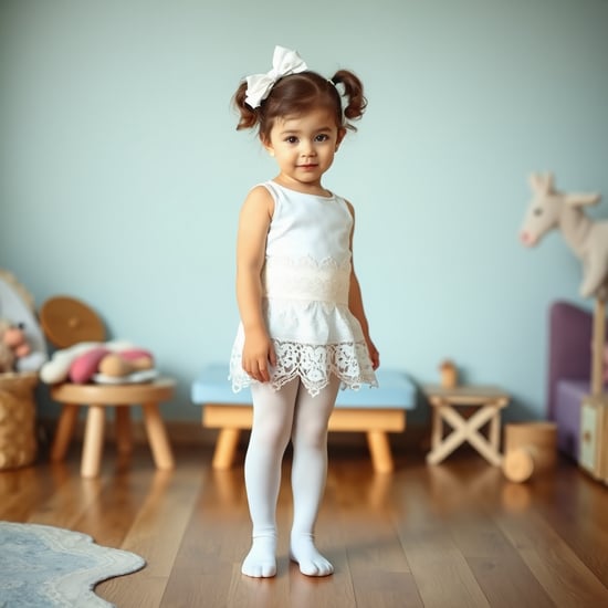 little girl with white stockings with white lace wide garter belt standing in kids room