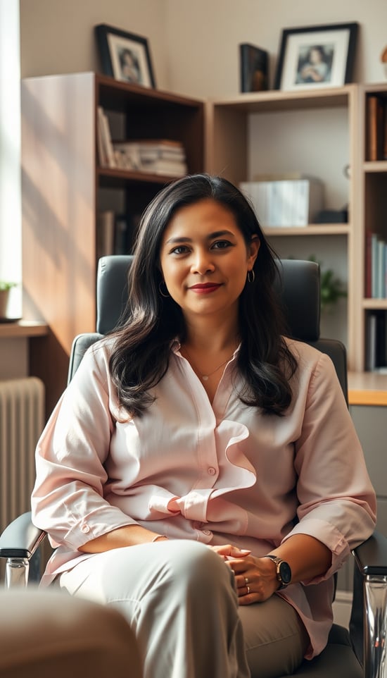 A medium shot of a psychologist sitting in her office chair, looking calm and professional, surrounded by subtle office decor like bookshelves and a desk, natural light coming through the window softly illuminating the space, shot with a Nikon Z7 II, 35mm lens, neutral and warm tones for a comfortable atmosphere