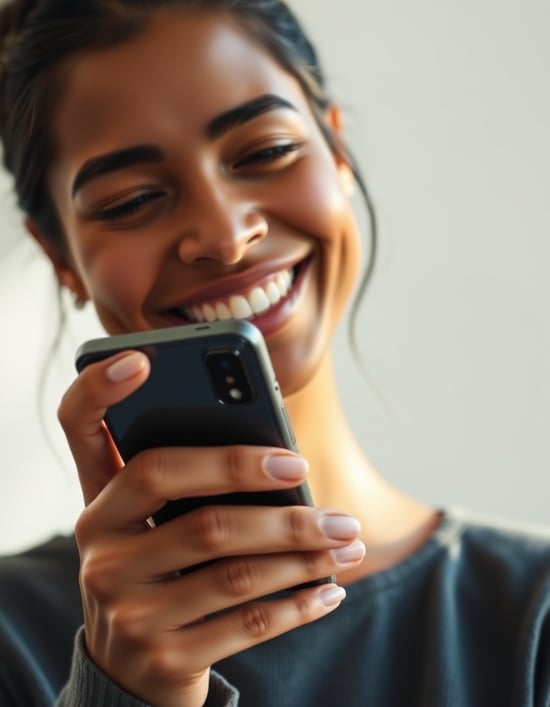 A close-up shot of a woman holding a phone with both hands, her face glowing with genuine happiness and relief as if she’s just fulfilled a long-held dream, subtle smile and bright eyes, set against a simple clean background, natural sunlight softly illuminating her face, shot with a Nikon Z7 II, 50mm f/1.4 lens, realistic skin tones and soft warm highlights