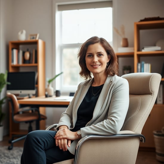 A medium shot of a psychologist sitting in her office chair, looking calm and professional, surrounded by subtle office decor like bookshelves and a desk, natural light coming through the window softly illuminating the space, shot with a Nikon Z7 II, 35mm lens, neutral and warm tones for a comfortable atmosphere