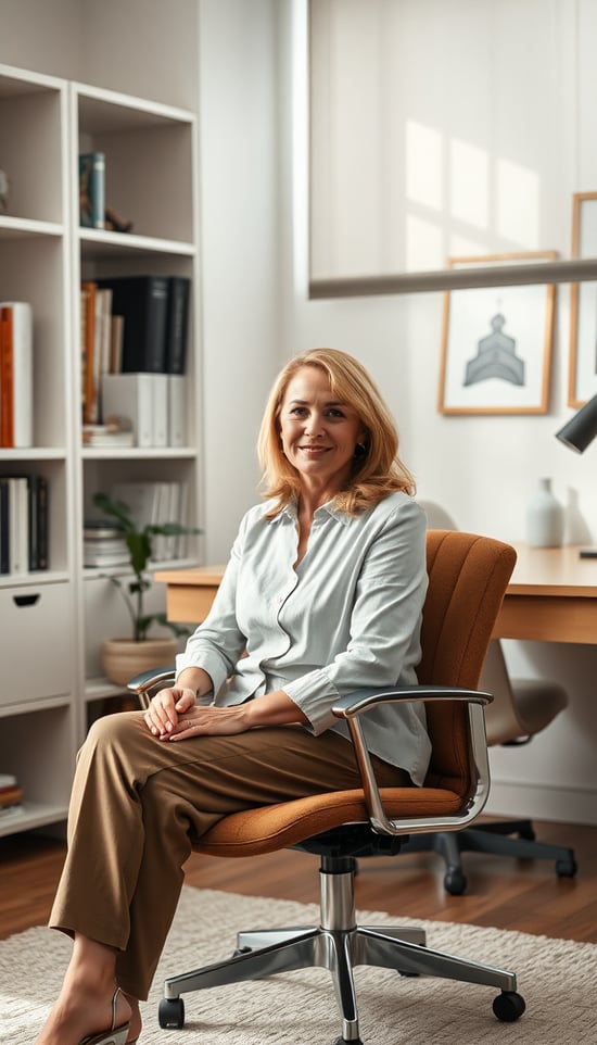 A medium shot of a psychologist sitting in her office chair, looking calm and professional, surrounded by subtle office decor like bookshelves and a desk, natural light coming through the window softly illuminating the space, shot with a Nikon Z7 II, 35mm lens, neutral and warm tones for a comfortable atmosphere