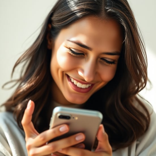 A close-up shot of a woman holding a phone with both hands, her face glowing with genuine happiness and relief as if she’s just fulfilled a long-held dream, subtle smile and bright eyes, set against a simple clean background, natural sunlight softly illuminating her face, shot with a Nikon Z7 II, 50mm f/1.4 lens, realistic skin tones and soft warm highlights