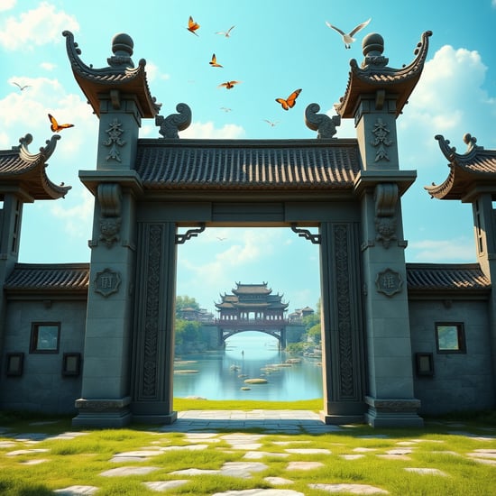 a full wide shot of the beautiful interior scene of a magnificent ancient Chinese architecture，the pic centers towards its gate by which stand two stone pillars with graceful carvings. The pillars are too high to be wholly presented in the pic. outside the gate there are bright and appealing natural scenery where lakes，grass，birds，bridges, butterflies in the sky  form a vivid futuristic scene. out of the old stone gate there is a peaceful valley with floating islands and butterflies in the sky, covered with lush vegetation and old-fashioned architecture