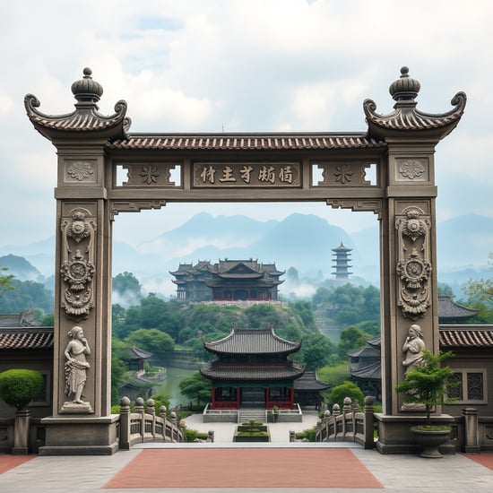 a full wide shot of the beautiful and magnificent Chinese architecture，the pic centers towards its gate by which stand two stone pillars with graceful carvings. The pillars'top is not presented in the picture. outside the gate there is a peaceful valley with floating islands in the sky and covered with lush vegetation and old-fashioned architecture