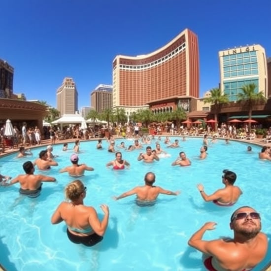 The Las Vegas Linq pool filled with guests having a good time on a sunny afternoon