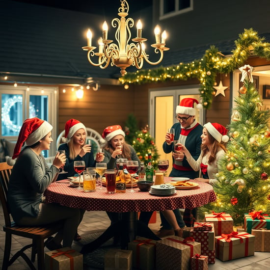 Christmas night, there is a table outside the house, the table is full of some drinks and food, surrounded by warm lights, a few wearing Christmas hats look exquisite European and American family of four people and children reveling in drinks, next to the two people decorating the chandelier on the Christmas tree, they are wearing Christmas costumes, the ground placed on the large and small gifts surrounded by the Christmas tree, a happy and happy celebration of the Christmas party is very lively! The party was very lively.