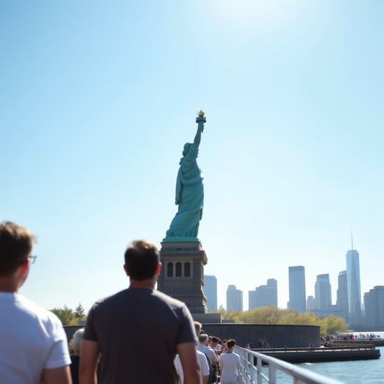 The Statue of Liberty standing tall against a bright blue sky, seen from the deck of a ferry. A sense of history and hope fills the air as tourists take in the iconic landmark, with the New York City skyline rising in the background, symbolizing freedom and opportunity.
