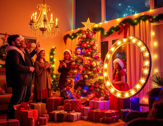 Christmas night in the warm color lights surrounded by several wearing Christmas hats look exquisite European and American family of four people adults and children for Christmas Eve preparations to dress up the home, 1 person decorating the Christmas tree on the chandelier, another person holding an ambient light ring they are wearing Christmas costumes, the ground placed large and small gifts around the Christmas tree next to the Christmas tree, happy happy to celebrate the Christmas party very lively.