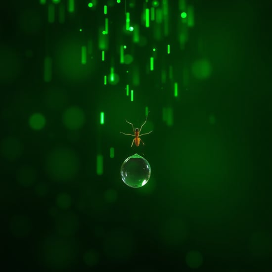 Microscopic photograph of mites caught in a drop of water, green colored sparks raining from above across a gradient background, brightly shining sparks, emitting green light, shallow depth of field volumetric lighting, cinematic, intricate detail, ultra-realistic