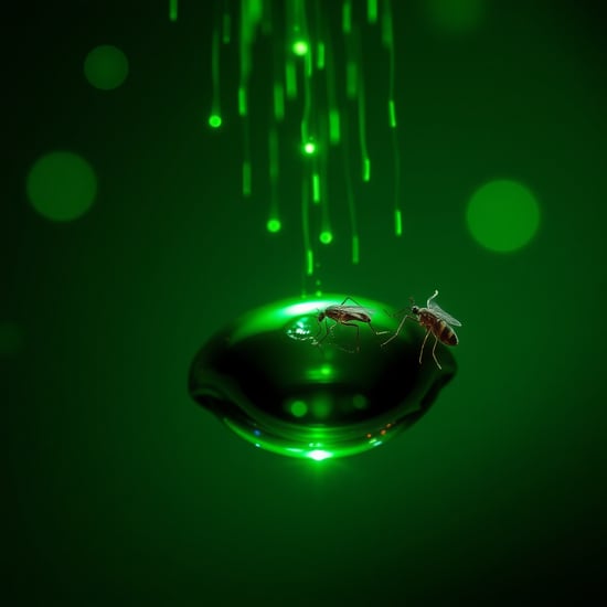 Microscopic photograph of mites caught in a drop of water, green colored sparks raining from above across a gradient background, brightly shining sparks, emitting green light, shallow depth of field volumetric lighting, cinematic, intricate detail, ultra-realistic