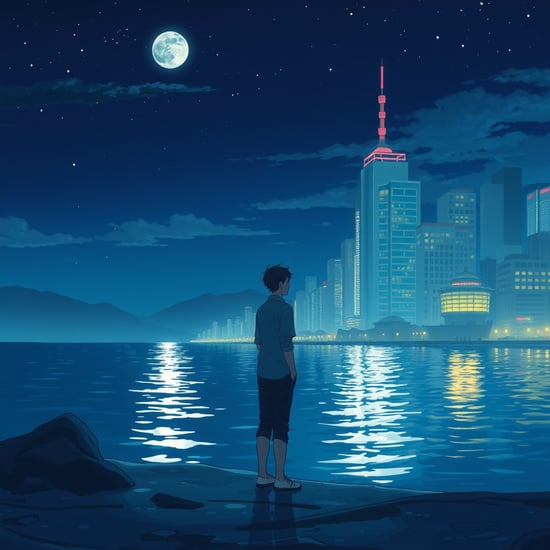 japanese animestyle illustration, midnight , sea and city, a man standing