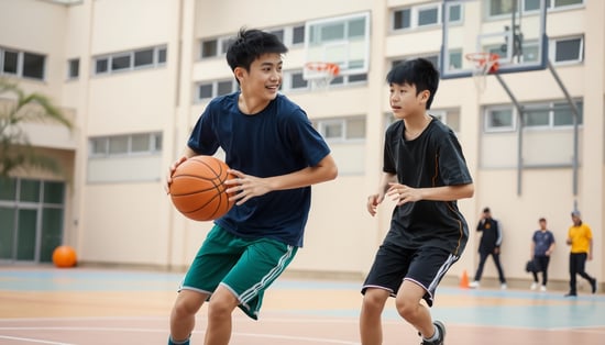 two chinese middle school students are playing basketball.