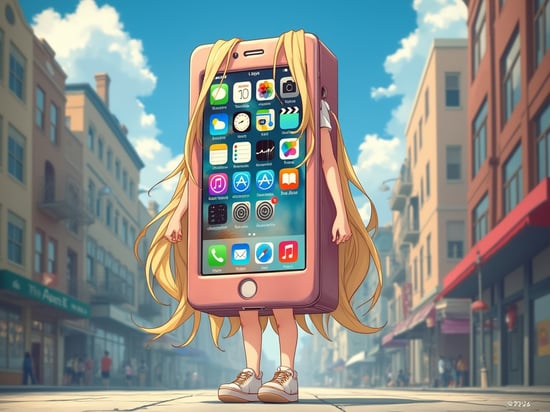 Anime-style illustration of a girl wearing a  life-sized box-shaped iPhone device costume on her torso, in a lively square. The costume has a bright, glossy finish with a clear screen displaying app icons. She is only visible from the neck up and legs down, with long blonde hair and an exuberant, she legs in to the  life-size big fat box-shaped  iPhone device costume,fun expression city standing