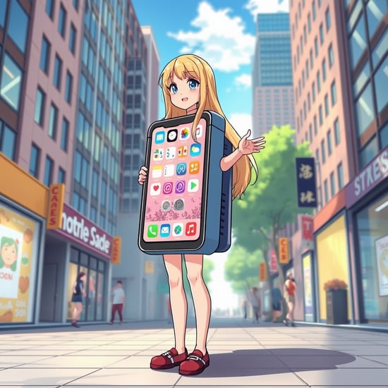 Anime-style illustration of a girl wearing a  life-sized box-shaped iPhone device costume on her torso, in a lively square. The costume has a bright, glossy finish with a clear screen displaying app icons. She is only visible from the neck up and legs down, with long blonde hair and an exuberant, she legs in to the  life-size big fat box-shaped  iPhone device costume,fun expression city standing