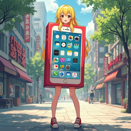 Anime-style illustration of a girl wearing a  life-sized box-shaped iPhone device costume on her torso, in a lively square. The costume has a bright, glossy finish with a clear screen displaying app icons. She is only visible from the neck up and legs down, with long blonde hair and an exuberant, she legs in to the  life-size big fat box-shaped  iPhone device costume,fun expression city standing