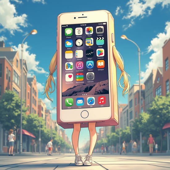 Anime-style illustration of a girl wearing a  life-sized box-shaped iPhone device costume on her torso, in a lively square. The costume has a bright, glossy finish with a clear screen displaying app icons. She is only visible from the neck up and legs down, with long blonde hair and an exuberant, she legs in to the  life-size big fat box-shaped  iPhone device costume,fun expression city standing