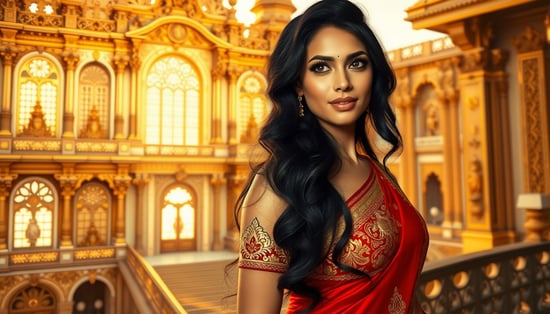 "A grand royal palace illuminated by golden sunlight, showcasing intricate carvings and ornate details. In the foreground, a beautiful queen with long, wavy black hair that cascades down her back, fair skin, and almond-shaped hazel eyes with thick lashes. She wears an elegant red and gold saree with intricate embroidery, enhancing her graceful yet bold figure. Her full lips are slightly parted in a serene smile, and her posture is regal. She stands on a balcony, with her curvaceous frame outlined against the palace's grandeur. Her expression is calm yet commanding, exuding both maturity and elegance as she gazes out, lost in thought, the sunlight highlighting her graceful presence."