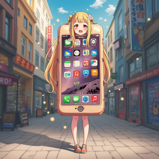 Anime-style illustration of a girl wearing a  life-sized box-shaped iPhone device costume on her torso, in a lively square. The costume has a bright, glossy finish with a clear screen displaying app icons. She is only visible from the neck up and legs down, with long blonde hair and an exuberant, she legs in to the  life-size big fat box-shaped  iPhone device costume,fun expression city standing