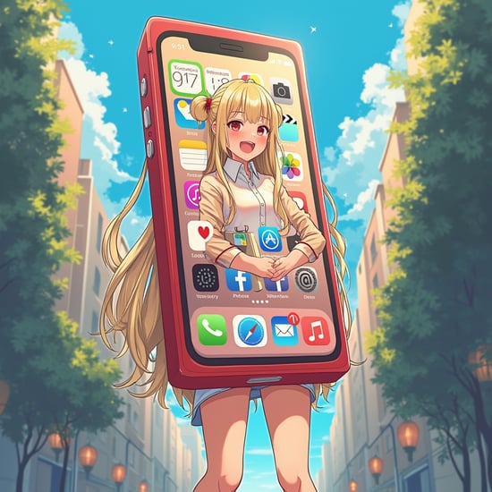 Anime-style illustration of a girl wearing a  life-sized box-shaped iPhone device costume on her torso, in a lively square. The costume has a bright, glossy finish with a clear screen displaying app icons. She is only visible from the neck up and legs down, with long blonde hair and an exuberant, she legs in to the  life-size big fat box-shaped  iPhone device costume,fun expression city standing