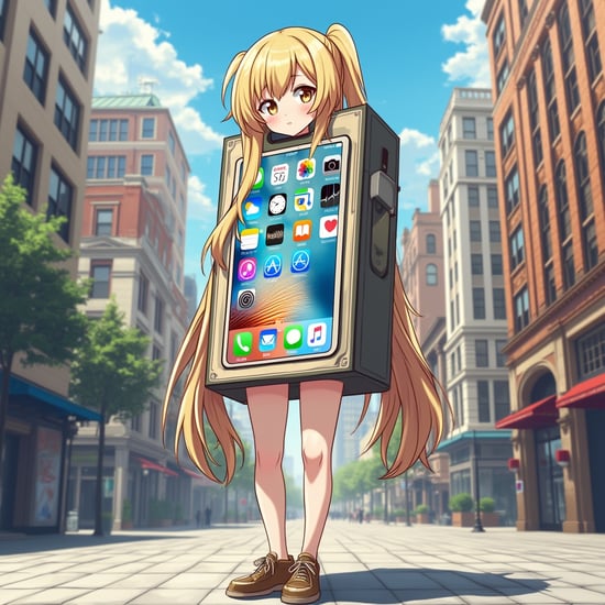 Anime-style illustration of a girl wearing a  life-sized box-shaped iPhone device costume on her torso, in a lively square. The costume has a bright, glossy finish with a clear screen displaying app icons. She is only visible from the neck up and legs down, with long blonde hair and an exuberant, she legs in to the  life-size big fat box-shaped  iPhone device costume,fun expression city standing