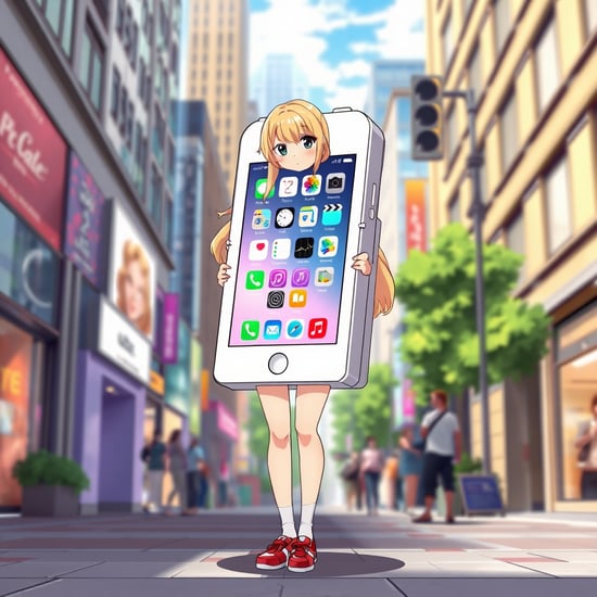 Anime-style illustration of a girl wearing a  life-sized box-shaped iPhone device costume on her torso, in a lively square. The costume has a bright, glossy finish with a clear screen displaying app icons. She is only visible from the neck up and legs down, with long blonde hair and an exuberant, she legs in to the  life-size big fat box-shaped  iPhone device costume,fun expression city standing