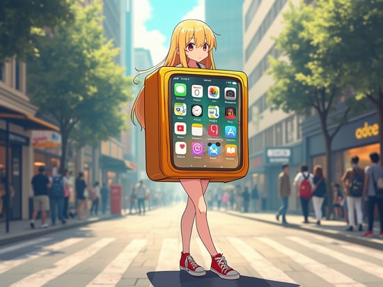 Anime-style illustration of a girl wearing a  life-sized box-shaped iPhone device costume on her torso, in a lively square. The costume has a bright, glossy finish with a clear screen displaying app icons. She is only visible from the neck up and legs down, with long blonde hair and an exuberant, she legs in to the  life-size big fat box-shaped  iPhone device costume,fun expression city standing