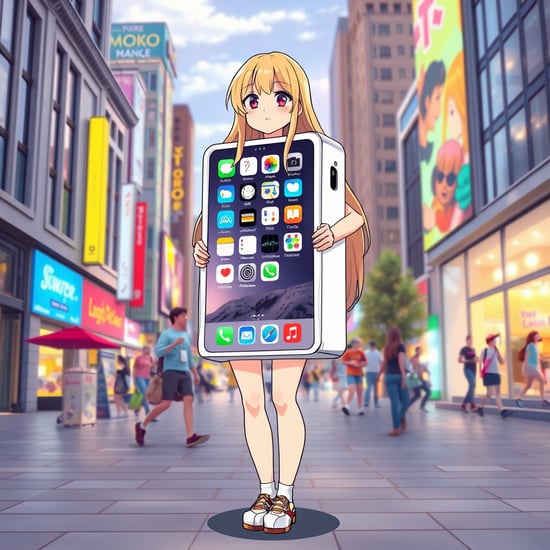 Anime-style illustration of a girl wearing a  life-sized box-shaped iPhone device costume on her torso, in a lively square. The costume has a bright, glossy finish with a clear screen displaying app icons. She is only visible from the neck up and legs down, with long blonde hair and an exuberant, she legs in to the  life-size big fat box-shaped  iPhone device costume,fun expression city standing