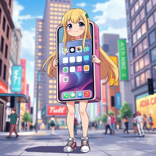 Anime-style illustration of a girl wearing a  life-sized box-shaped iPhone device costume on her torso, in a lively square. The costume has a bright, glossy finish with a clear screen displaying app icons. She is only visible from the neck up and legs down, with long blonde hair and an exuberant, she legs in to the  life-size big fat box-shaped  iPhone device costume,fun expression city standing