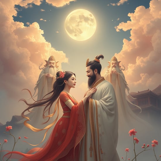 The soul of a woman and a man embrace, and above the sky there are four gentle Chinese gods waiting