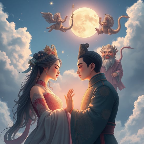 The soul of a woman and a man embrace, and above the sky there are four Chinese gods waiting