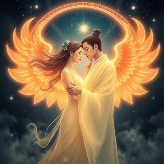 The soul of a woman and a man embrace, the sky of the four immortals