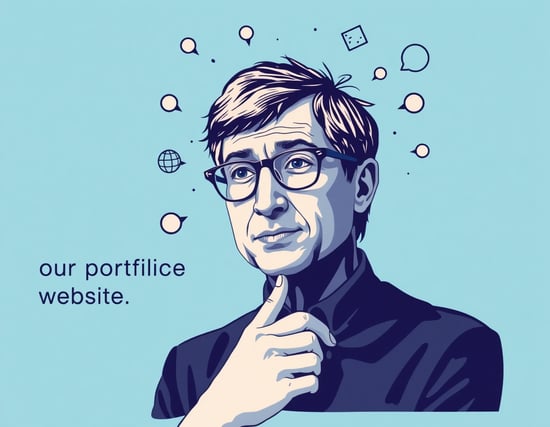 a man thinking creative thoughts same style as bill gates pls surrounded by svg lines. to the left column there is text saying: "Welcome, to our portfolio website"