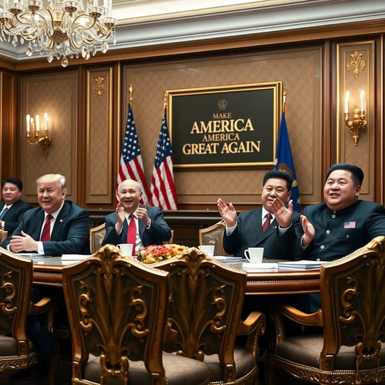 A lavish room, fit for a palace, filled with opulent tables and chairs, where President Donald Trump, President Vladimir Putin, President Xi Jinping, and Supreme Leader Kim Jong-un sit together, smiling and enthusiastically chanting 'Make America Great Again'. Behind them, a wall adorned with a 'Make America Great Again' plaque and an American flag, as if they are united in their pursuit of a common goal