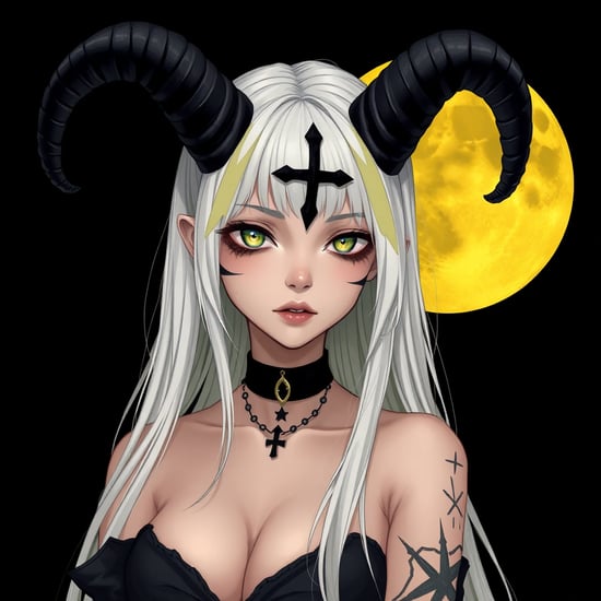 A girl with long white - and - yellow hair,(two large curved black horns on her head:1.1),a black cross on her forehead. She has heterochromatic eyes,one blue and one green,(and black markings on her face. Wearing a black choker:1.1),(a low - cut black top:1.1),(and with visible tattoos on her arm. There is a large yellow moon in the black background.),ohotorealistic ,  master piece , high res , ultral  detailed .