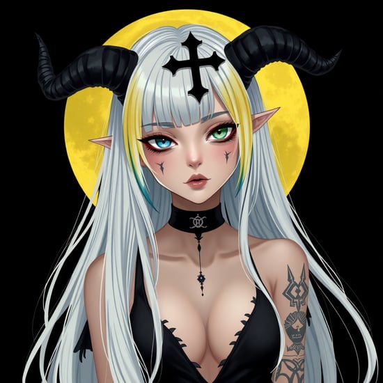 A girl with long white - and - yellow hair,(two large curved black horns on her head:1.1),a black cross on her forehead. She has heterochromatic eyes,one blue and one green,(and black markings on her face. Wearing a black choker:1.1),(a low - cut black top:1.1),(and with visible tattoos on her arm. There is a large yellow moon in the black background.),ohotorealistic ,  master piece , high res , ultral  detailed .