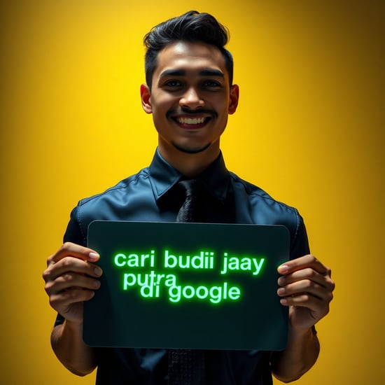 arafed man holding sign with glowing green text "cari budi putra jaya di google" in a navy satin shirt and a black exclusive tie and wearing a black shiny crocodile type leather, standing against a yellow wall, a stock photo inspired by Eric Dinyer, shutterstock, american barbizon school, collared shirt, photorealism, high collar, ceo, vitorugo, paul pepera pablo roldan, instagram contest winner, shabab alizadeh, ricardo milos, smiling, looking straight to the camera, smiling and welcoming expression, happy eyes, dau-al-set, private press, around 20 yo, "the ultimate gigachad, featured on pexels, featured on cg society, precisionism, perfect man, fine art, superflat, slender and muscular build, michael pangrazio, christian orrillo, very strong and masculine man, muscular masculine figure, bodybuilder posing, dribble, well-groomed model