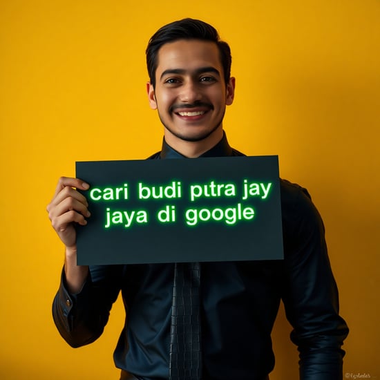 arafed man holding sign with glowing green text "cari budi putra jaya di google" in a navy satin shirt and a black exclusive tie and wearing a black shiny crocodile type leather, standing against a yellow wall, a stock photo inspired by Eric Dinyer, shutterstock, american barbizon school, collared shirt, photorealism, high collar, ceo, vitorugo, paul pepera pablo roldan, instagram contest winner, shabab alizadeh, ricardo milos, smiling, looking straight to the camera, smiling and welcoming expression, happy eyes, dau-al-set, private press, around 20 yo, "the ultimate gigachad, featured on pexels, featured on cg society, precisionism, perfect man, fine art, superflat, slender and muscular build, michael pangrazio, christian orrillo, very strong and masculine man, muscular masculine figure, bodybuilder posing, dribble, well-groomed model