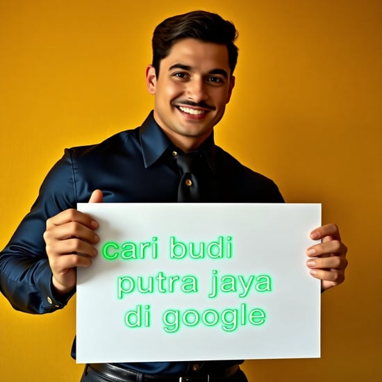 arafed man holding sign with glowing green text "cari budi putra jaya di google" in a navy satin shirt and a black exclusive tie and wearing a black shiny crocodile type leather, standing against a yellow wall, a stock photo inspired by Eric Dinyer, shutterstock, american barbizon school, collared shirt, photorealism, high collar, ceo, vitorugo, paul pepera pablo roldan, instagram contest winner, shabab alizadeh, ricardo milos, smiling, looking straight to the camera, smiling and welcoming expression, happy eyes, dau-al-set, private press, around 20 yo, "the ultimate gigachad, featured on pexels, featured on cg society, precisionism, perfect man, fine art, superflat, slender and muscular build, michael pangrazio, christian orrillo, very strong and masculine man, muscular masculine figure, bodybuilder posing, dribble, well-groomed model