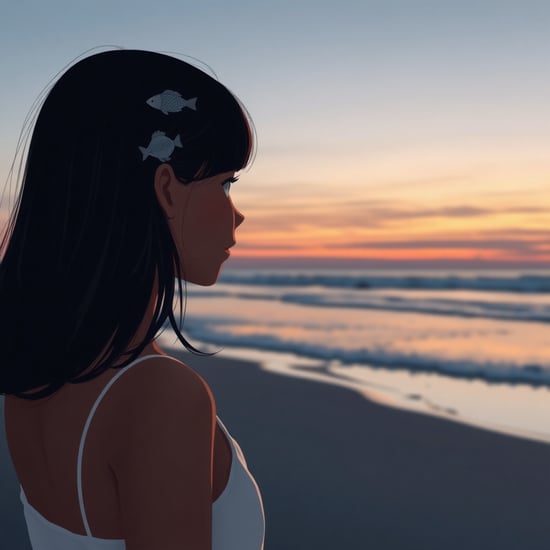 lyh,lyh_niji,dynamic angle,
cawboyshot,
from side ,
A serene winter beach setting during the evening,featuring a dark-skinned,petite girl in a back view composition. Her medium-length black hair is styled in a two-side up with straight bangs,accentuated by a fish-shaped hair clip. She wears a camisole,her silhouette framed by the icy waves and the expansive,chilly sky. The scene is drawn from a low perspective,highlighting the delicate balance of her figure against the deep hues of the winter sunset. The air is crisp,and the atmosphere is tranquil,capturing the stillness of winter by the sea.,