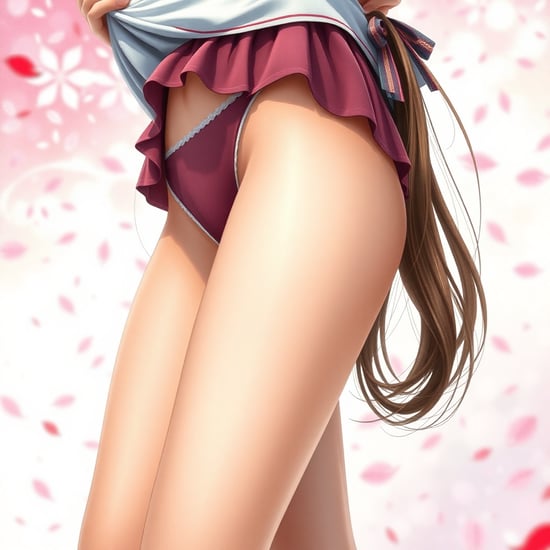 petite body, shiny skin,(abs:0.6), school uniform,1girl, solo, underwear, panties, skirt, brown hair, brown eyes, clothes lift, looking at viewer, lifted by self, twintails, pleated skirt, light burgundy coloured underwear, lace trim, ruffles,
BREAK (beautiful very long and thin thighs stretching straight from her very small hip:1.3), (extreme close-up thighs),
BREAK watercolor, reflection, highlight and shadow, ray tracing, dynamic angle, depth of field, 1000+ scatter petals, looking at viewer,