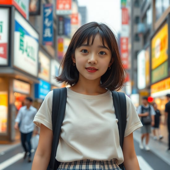 A cute Japanese high school girl walking down the street in Shibuya