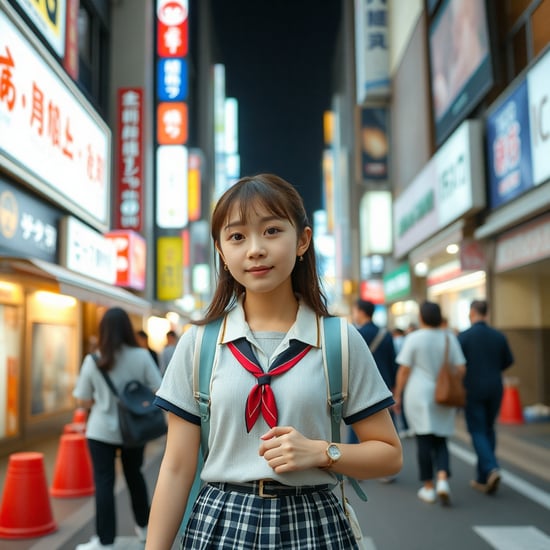 A cute Japanese high school girl walking down the street in Shibuya