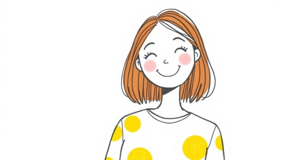 A hand-drawn illustration of a smiling young woman with shoulder-length brown hair. She has a round face with rosy cheeks and a cheerful expression. Her eyes are simple curved lines, and her mouth is a small, happy curve. She is wearing a white shirt with large, bright yellow polka dots. The illustration is in a minimalist and sketch-like style, using soft black outlines and warm, gentle colors. The background is plain white. The overall mood is friendly and joyful.