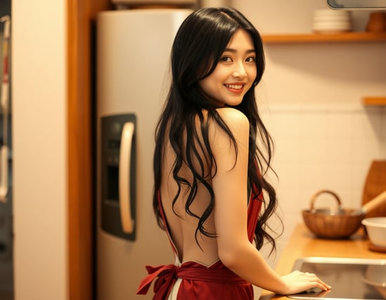 A beautiful Japanese woman wearing only an apron is standing in a cozy kitchen. She is looking back over her shoulder with a playful and slightly seductive smile, striking a classic 'over-the-shoulder' pose. Her long, dark hair cascades down her back, and her delicate facial features reflect an elegant yet inviting charm. Her body is slightly turned, revealing her smooth curves, and her hands rest gently on the kitchen counter. The warm lighting highlights the soft details of her skin. The scene feels intimate and inviting, with a homely atmosphere. Highly detailed, realistic textures, soft shadows, and a warm color palette.