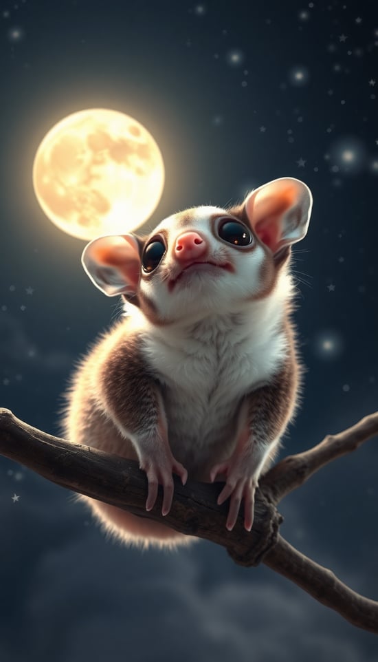 A super cute sugar glider sitting on a tree branch at night, facing forward, with its body and chest fully visible. Its large, sparkling eyes are looking upward toward the glowing full moon. The sugar glider has soft, fluffy fur, small round ears, and a tiny pink nose. Its expression is dreamy and full of wonder, as if mesmerized by the moonlight. The background features a starry sky with gentle glowing clouds. The soft moonlight highlights the sugar glider’s face, making the scene heartwarming and magical. Cinematic lighting, ultra-detailed, high resolution, fantasy art style.