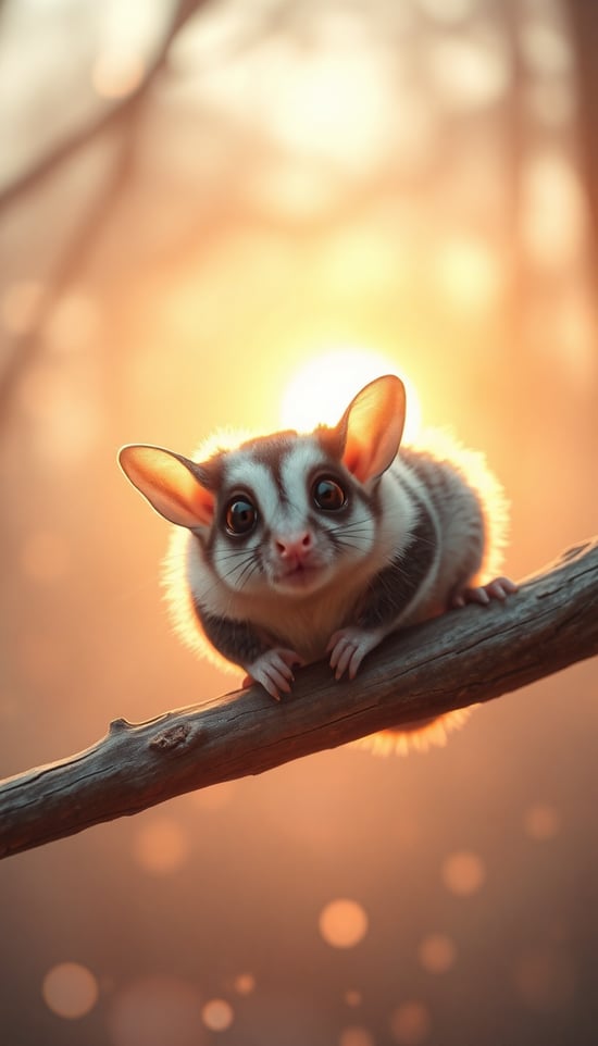 A super cute sugar glider sitting safely on a tree branch at sunrise, its fluffy fur glowing in the warm golden-pink morning light. Its tiny paws gently rest on the branch, and its big, sparkling eyes are filled with relief and happiness, as if it just returned from an incredible adventure. The background features a dreamy, misty forest with soft glowing particles floating in the air. The atmosphere is peaceful, magical, and heartwarming, with a cinematic fantasy feel. Ultra-detailed, high resolution, soft lighting.