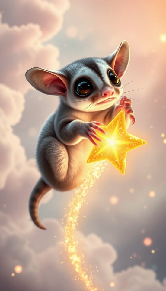 A super cute sugar glider tightly holding onto a glowing, comet-like shooting star, as if being carried through the sky. Its tiny paws grip the sparkling star, and its fluffy tail curls slightly from the wind. The sugar glider's big, wide eyes are filled with excitement and surprise, as if it just realized it's riding a star. The background is a dreamy cosmic sky filled with soft, pastel-colored nebula clouds and shimmering golden stardust. The shooting star leaves behind a magical, sparkling trail. The atmosphere is whimsical, fantastical, and full of wonder. Cinematic lighting, ultra-detailed, high resolution, fantasy art style.