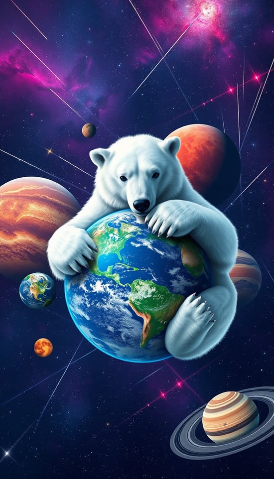 n the vastness of space, a realistic white polar bear gently cradles the blue Earth. The polar bear has a detailed, fluffy coat with individual fur strands visible, and its expressive eyes reflect the light of distant stars. The Earth beneath it is vibrant, showcasing swirling clouds and deep blue oceans. Surrounding the bear are colorful planets, including a textured red Mars with visible craters, a lush green planet with forests and mountains, and a ringed Saturn with intricate rings. The background is filled with stunning nebulae in shades of purple and pink, and shooting stars streak across the scene, creating a breathtaking and fantastical atmosphere of the cosmos.